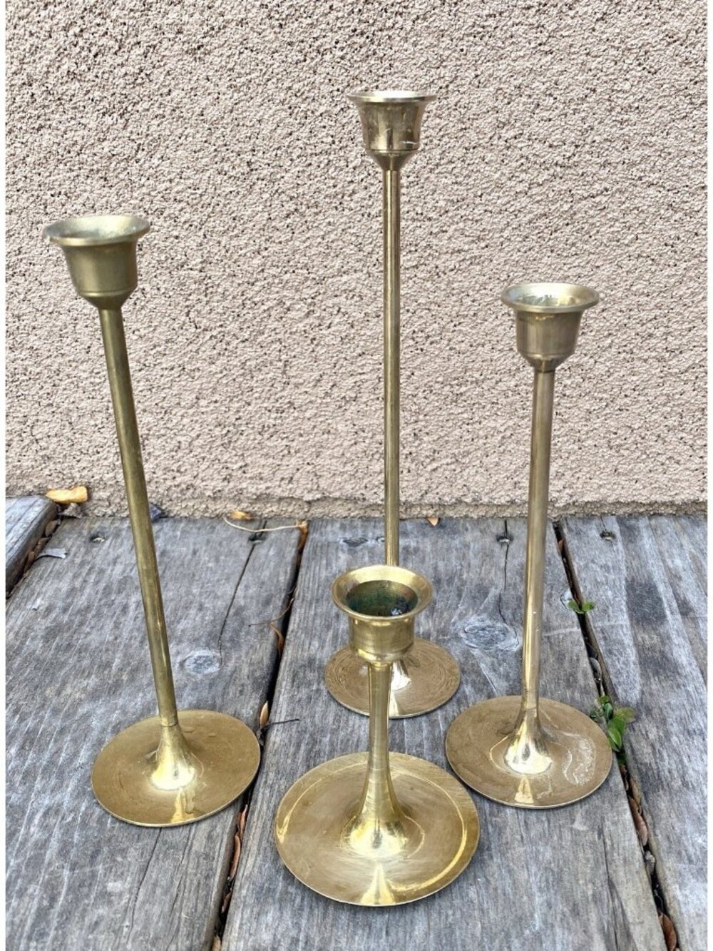 4 vintage brass Candleholders different heights Made In Taiwan READ